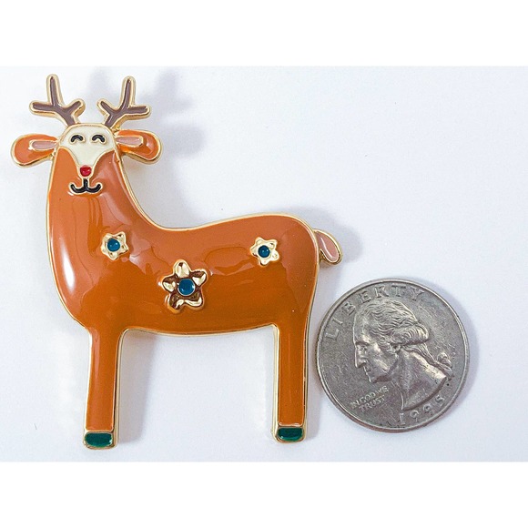 Happy Reindeer with Red Nose - Super Cute Enamel Christmas Brooch/ Pin - Picture 2 of 4